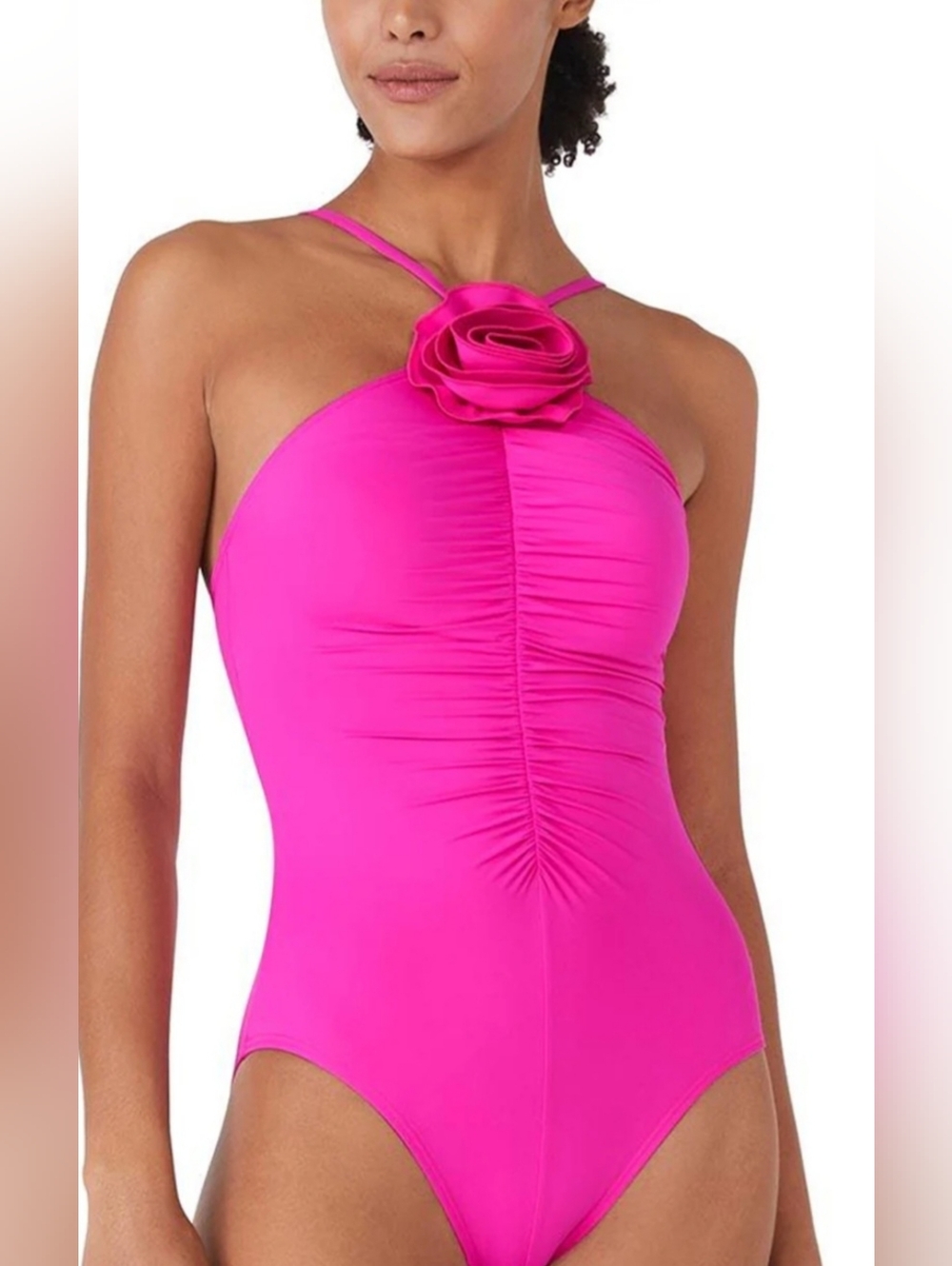 Women's Bright Pink Ruched One-Piece Swimsuit with Flower Accent